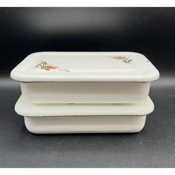 VTG White Floral‎ Design Enamelware Refrigerator Box w/ Lid 7x5x2 Farmhouse