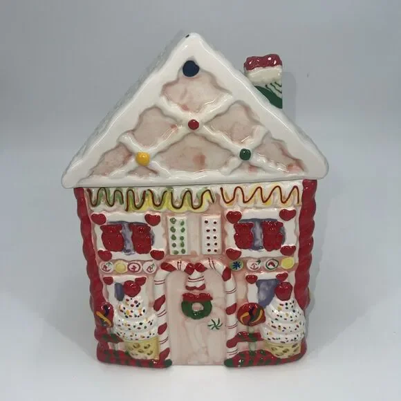 Vintage Candy Gingerbread‎ House Ceramic Cookie Jar Canes Peppermint Christmas