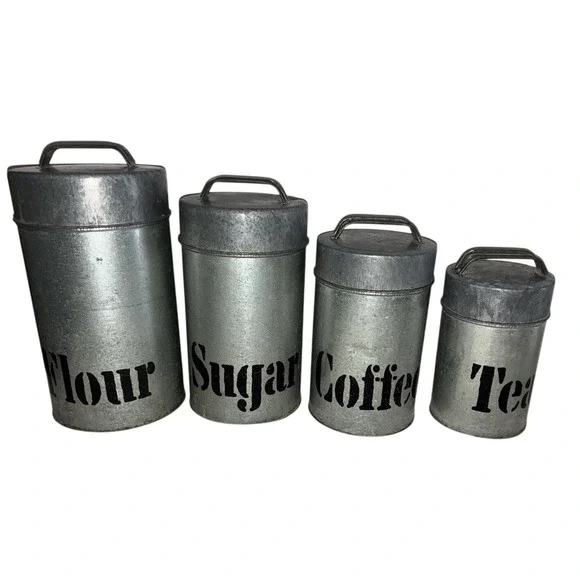 Kitchen Canisters Set Of 4 Glavanized Metal Vandor Japan Vintage Farmhouse *flaw