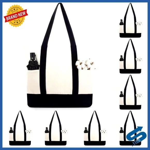 Canvas Tote Bag with Zipper Closure Dual Pockets Reusable Grocery Shopping Bag