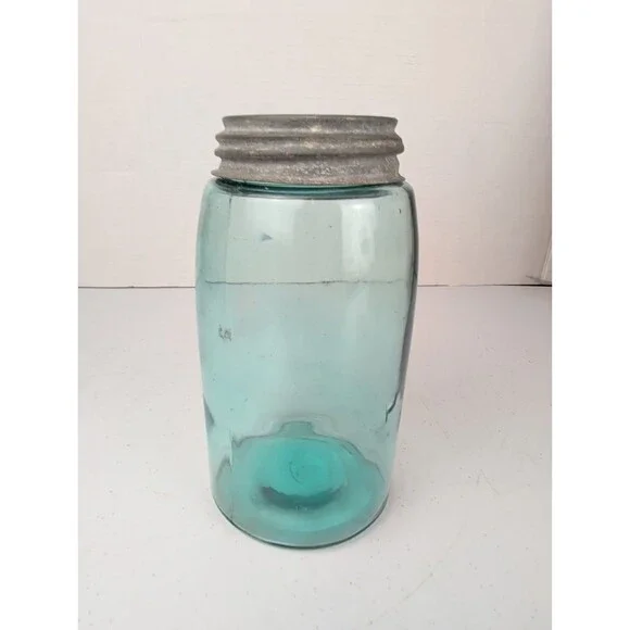 Vintage Aqua Blue Glass Canning Jar w/ Original Zinc Lid – Unembossed – Antique