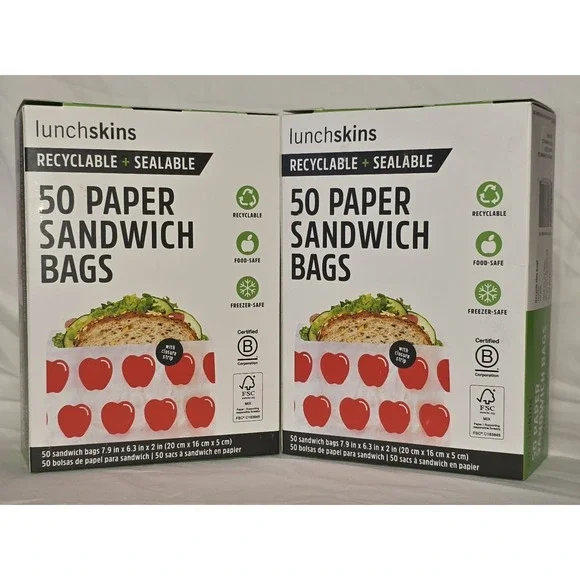 100ct Lunchskin Recyclable + Sealable Paper Sandwich‎ Bags Apple Print