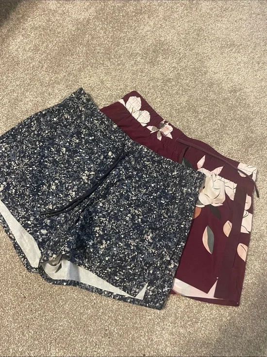 TWO pair 3” inseam Athleta Maroon Floral and Navy Speckle Shorts