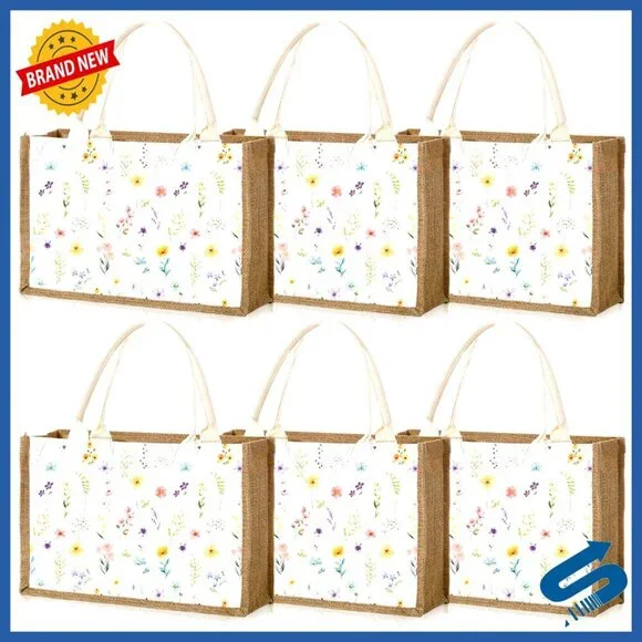 Large Floral Burlap Tote Bags Reusable Grocery Shopping Party Gift Set