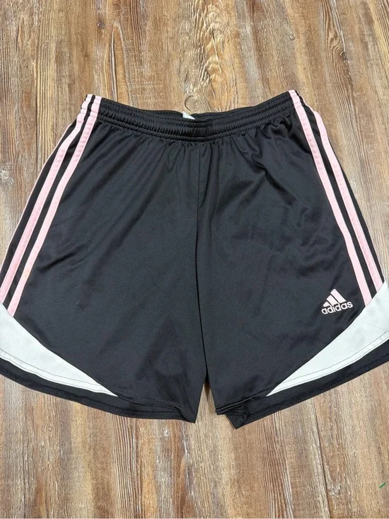 Adidas black shorts with baby pink and white stripes on sides, size S