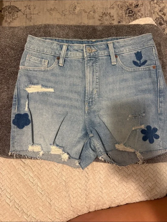 Old Navy Light Blue Distressed Denim Shorts with Navy Floral Patches
