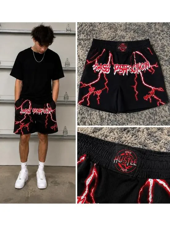 Chase Perfection Lightning Graphic Mesh Athletic Shorts Black Red Y2K