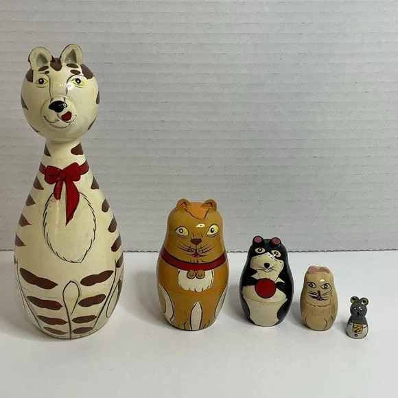 Cat Nesting Dolls Style Animal 5 Doll Set Wood Cat Kitten Kitty Yellow 7