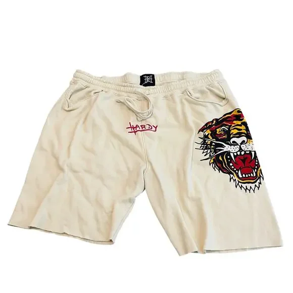 Ed Hardy Retro Tiger Fleece Sweat Shorts Off-White Cream Mens Size XL