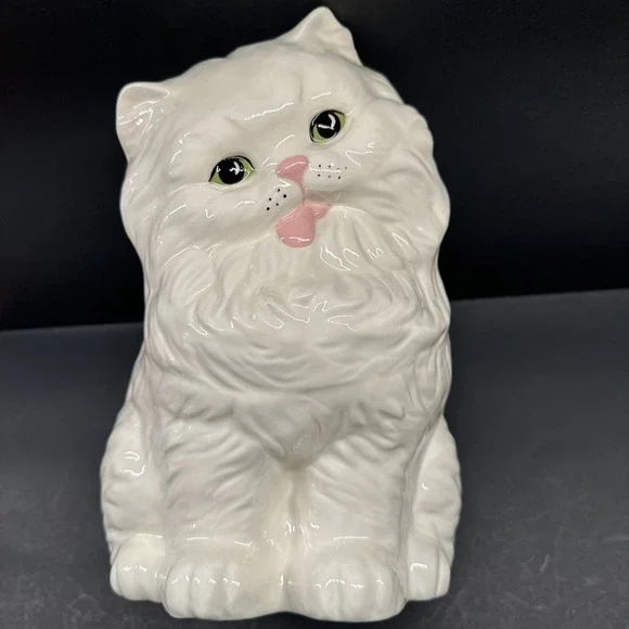 Vintage Ceramic White Persian Cat Figure Statue Long Haired Tongue 10