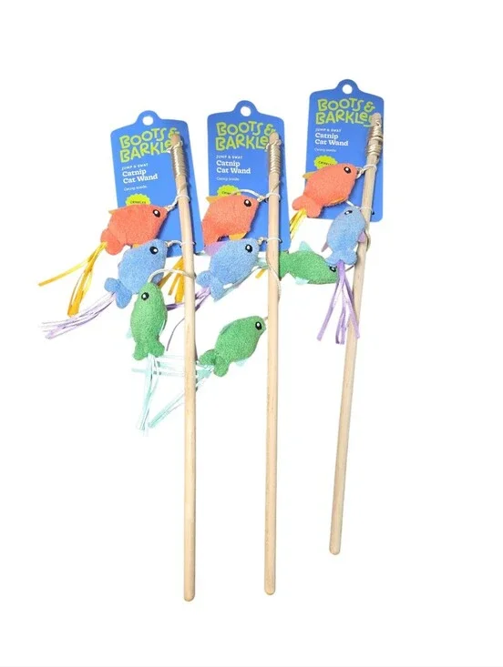 Boots & Barkley Cat Wand Toy - Orange Blue Green Fish Pack Of 3 Nwt