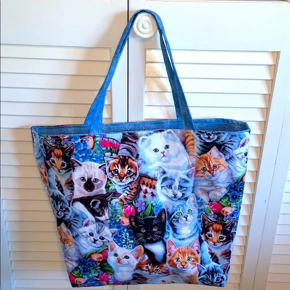 Hand Crafted Multicolor Cat Print Tote Bag All Purpose Carry All Shoulder Purse