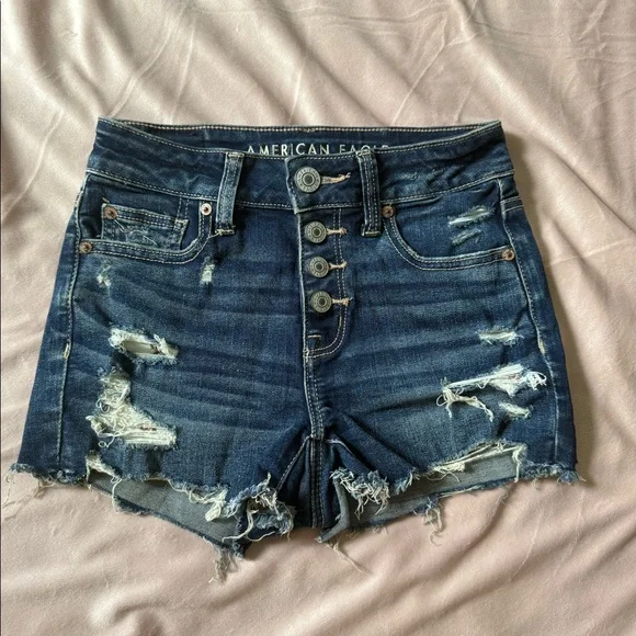 American Eagle Outfitters Dark Blue Distressed Button-Front Denim Shorts