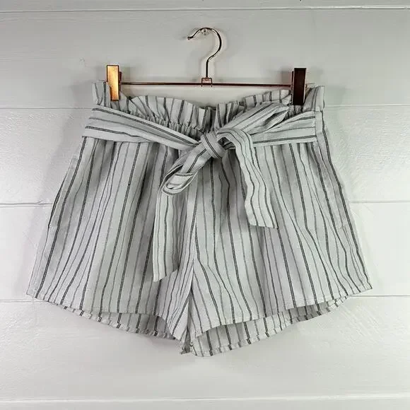 TEA MINTS White Black Striped Linen Elastic Tie Waist Shorts Size‎ Small