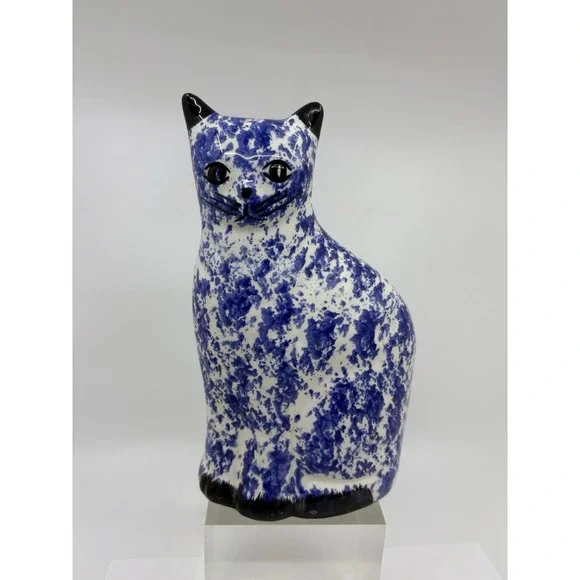 VTG Enesco  Blue Speckle Sponge Wear Ceramic Cat Statue Figurine 10
