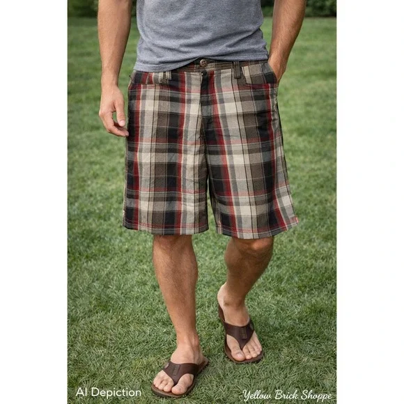 Billabong Plaid Shorts Men's Size 33 Beige‎ Red Black Casual Flat Front