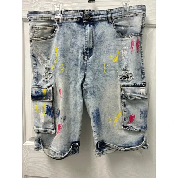 Rock‎ Salt Mens Distressed Paint Splatter Denim Cargo Shorts Light Wash Size 38