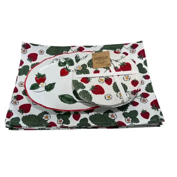Mabelle Kitchen & Table Strawberry Ceramic Platter 4 Trivets 8 Placemats Set