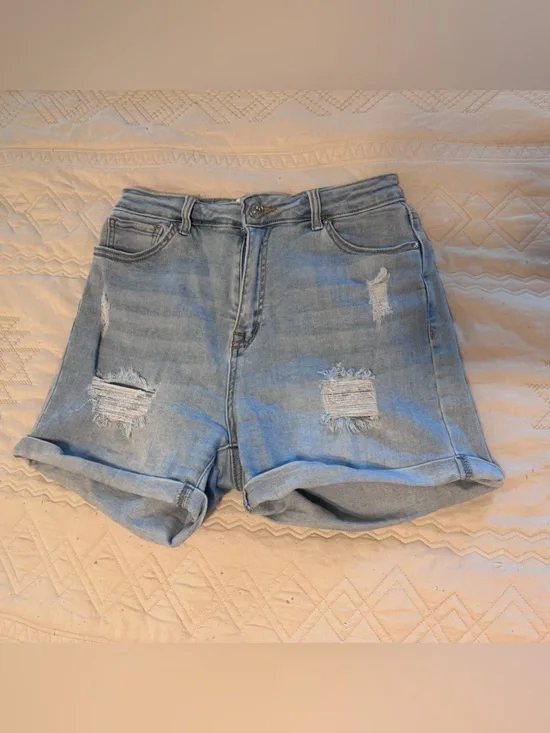 High-Rise Light Blue Distressed Denim Shorts for Women