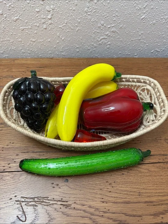 Decorative Glass Fruit Basket - Yellow Bananas, Red Peppers, Green Cucumber