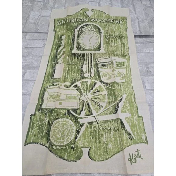 Vtg Linen Tea Towel American Woodwook Signed Kati 29x16