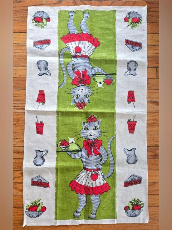 Vintage Pure Linen Parisian Prints Tea Towel Anthropomorphic Cat Waitress 70s