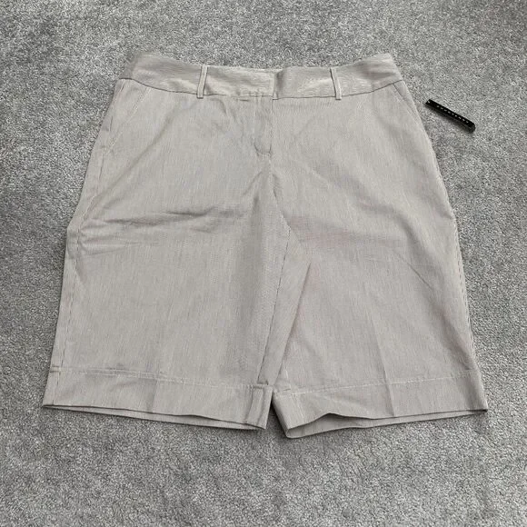 Courtenay High Rise Bermuda Dress Shorts Womens 14W White Brown Pinstriped NWT