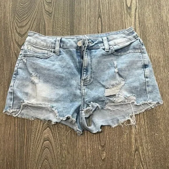 SO High Rise Shortie Shorts Distressed Raw Hem Denim Medium Wash Blue Sz 11/30W