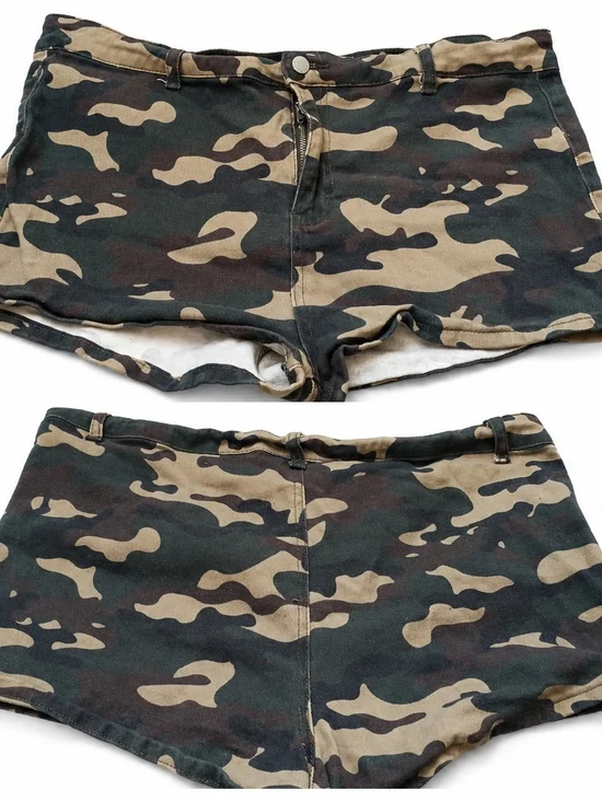 SHEIN Green and Tan Camo Low-Rise Jean Shorts