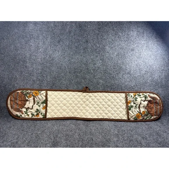 Vintage Double Oven Mitt Quilted Teapot Floral Print Brown Cream 31 Inch Long