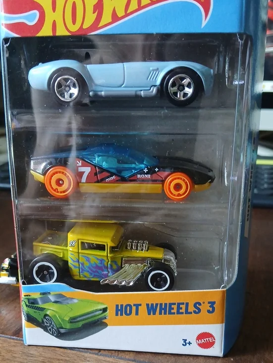 Hot Wheels 3-Pack Toy Car Set — Blue, Black/Orange, Yellow