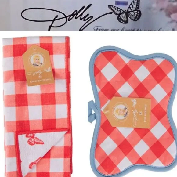 Dolly Parton Checkered‎ Kitchen Towel and Pot Holder Set