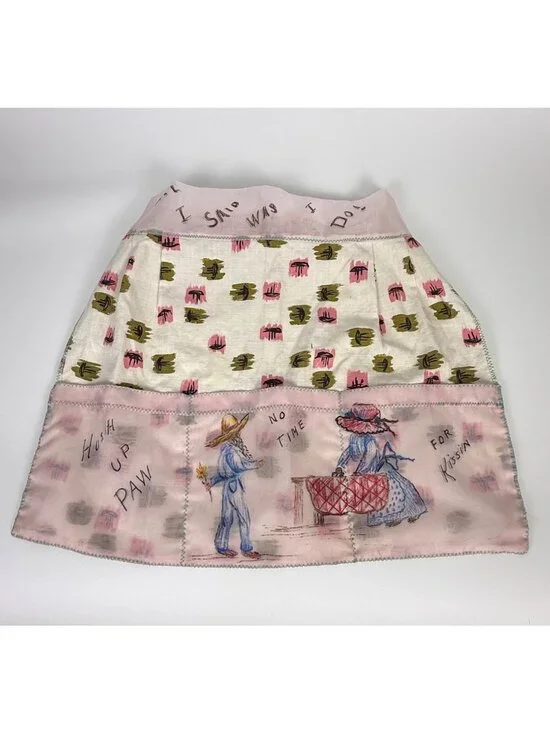 Vintage Mid-Century Novelty Print Linen Half-Apron Hush Up Paw, No Time for Kiss