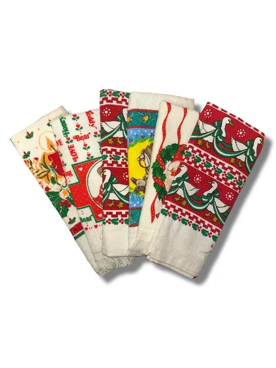 Vtg 6pc Cotton Christmas Kitchen Towel Lot