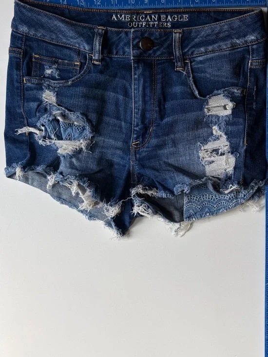 American Eagle Blue Distressed Denim Shorts with Lace Inset
