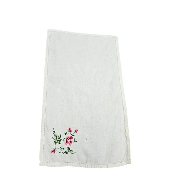 Vintage‎ Embroidered Linen Tea Towel Cottagecore Floral Pink Green Roses