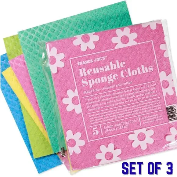Set of 3 — Trader Joe's Reusable Sponge Cloths Multicolored Pack of 5 Cloths NEW