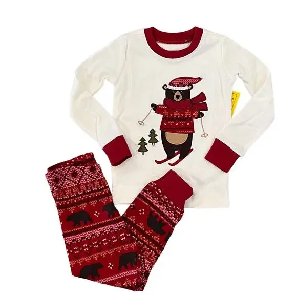 NWT Gymboree Boys Red & Ivory W/Skiing Christmas Bear Cotton Pajamas