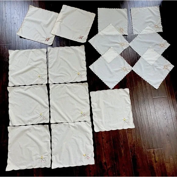 Vintage Linen Napkins Beige Embroidered Flower Rose Scallop Edge 15 3 Design Mix