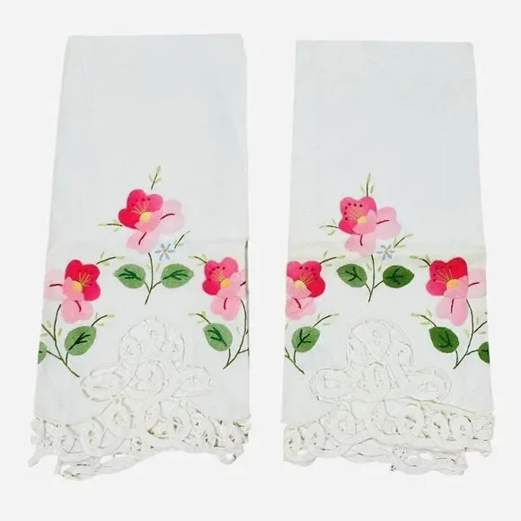 Vintage Pink Flower Linen Tea Towels Set 2 Lace Edge 22x14 Appliqué Embroidered