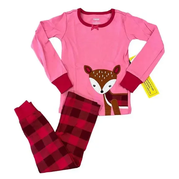 NWT Gymboree Girls Pink & Plaid W/ Embroidered Deer Cotton Pajamas -