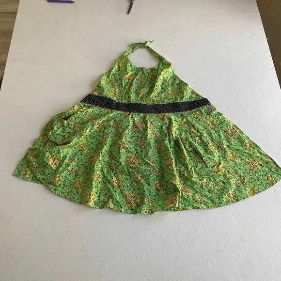 Kirsch Gluck Anthropologie Green Floral Halter Apron Dress Girls Vintage Style