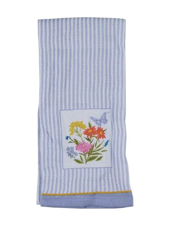 DOLLY Floral Embroidered Blue Stripe Kitchen Towel