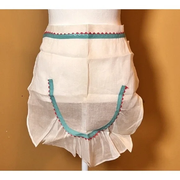 Vintage Sheer Organza Half Apron White Teal Pink Ric Rac Ruffle Retro