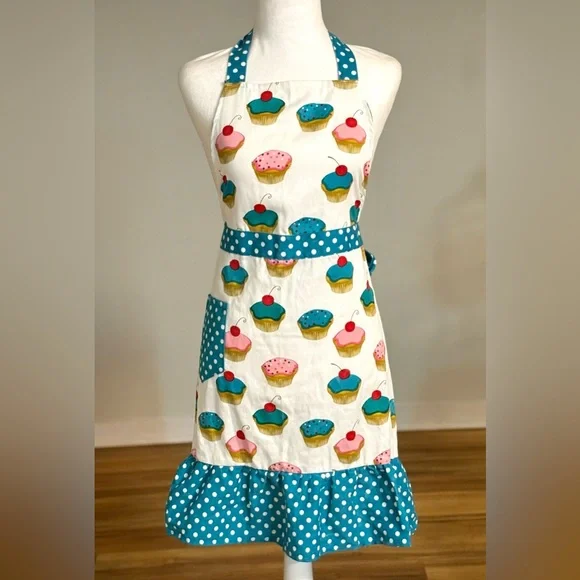1950’s Inspired Apron, Cupcake Polka Dot with Ruffles and Cherries