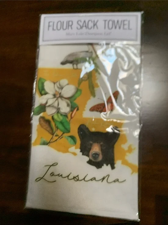 Flour Sack Towel - Louisiana Bear & Magnolia Design - Yellow & White