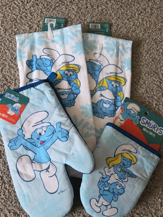 Smurfs With Smurfette Oven Mitts & Towels 4 Piece Bundle Set - Blue, Peyo NWT