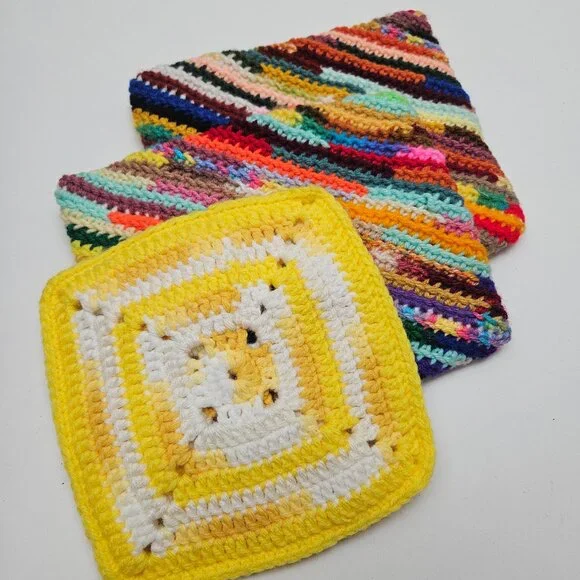 NEW Handknit Crochet 3pc Pot Holder Trio Multicolor‎ Yellow Boho Retro