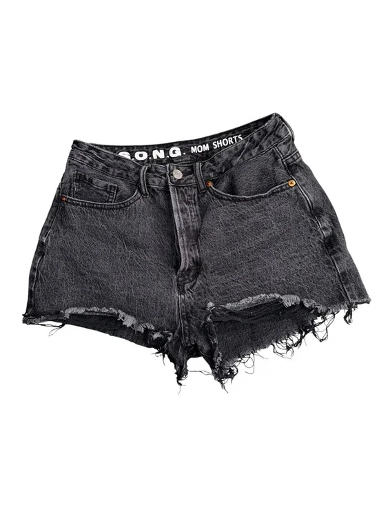 S.O.N.G. Mom Shorts Womens 7/28 Black Denim Distressed Frayed High Rise Button