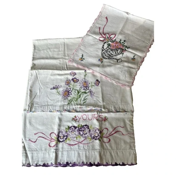 Vintage Lot 0f‎ 3 Mix Match Embroidered Crocheted Pillowcases + Dresser Scarf
